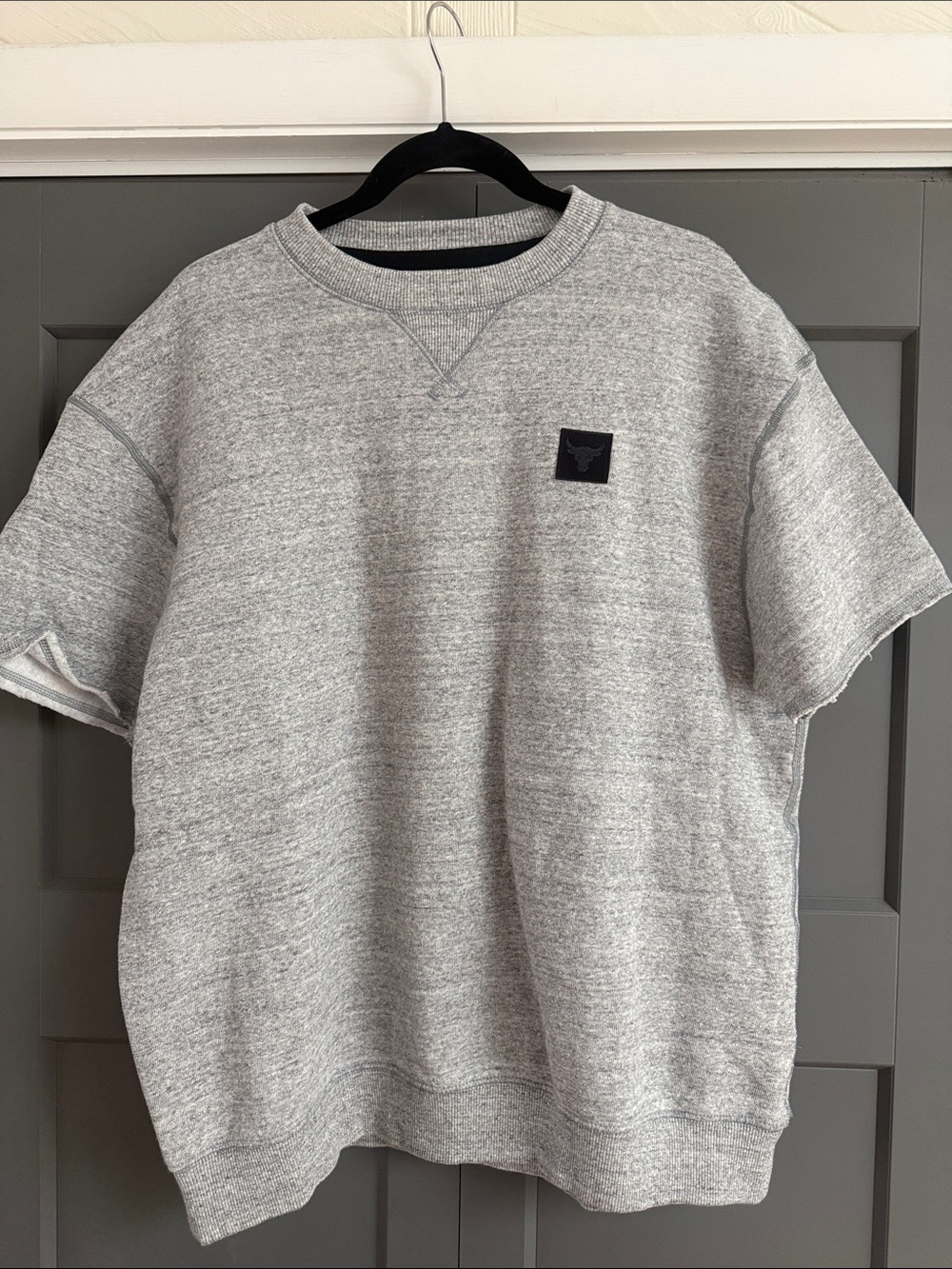 Project Rock Grey Short-Sleeve Sweatshirt with Brahma Bull Patch Logo